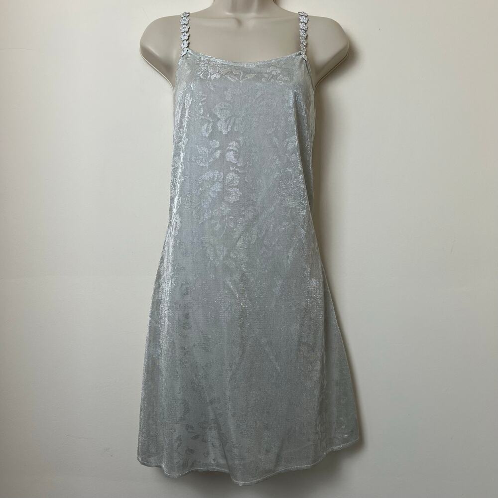VTG Jessica McClintock Gunne Sax Silver Floral Metallic Square Neck Mini Dress